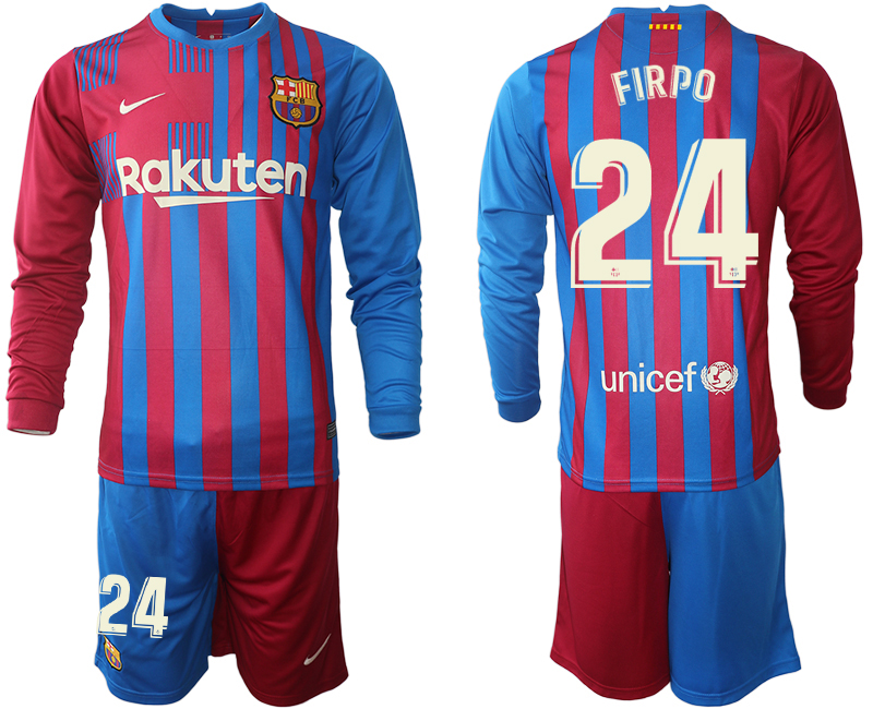 Men 2021-2022 Club Barcelona home red blue Long Sleeve #24 Nike Soccer Jersey->barcelona jersey->Soccer Club Jersey